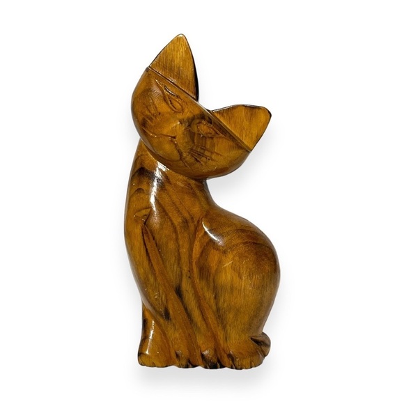 Folk Art Primitive Hand Carved Wood Sculpture Siamese Cat Kitty Figurine MCM Vtg - Picture 1 of 4